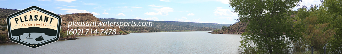 Pleasant Watersports Logo over a photo of Lyman Lake